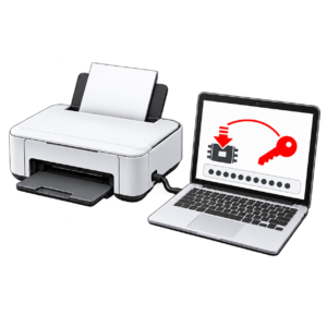 Epson firmware key illustrated on a laptop connected to a printer