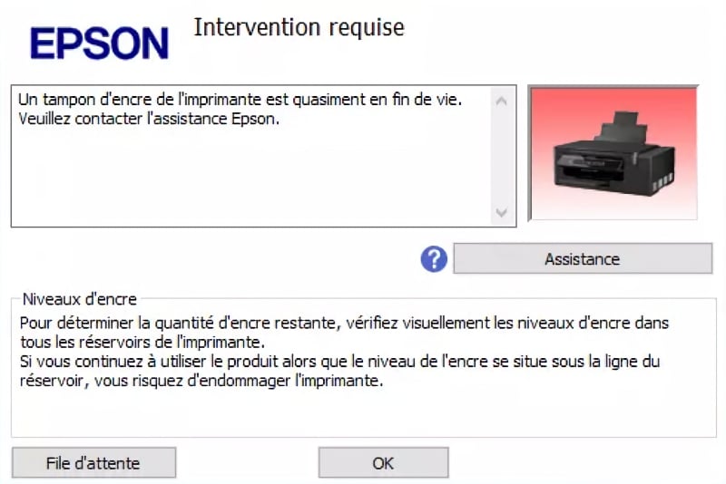 Un tampon d'encre de l'imprimante est quasiment en fin de vie