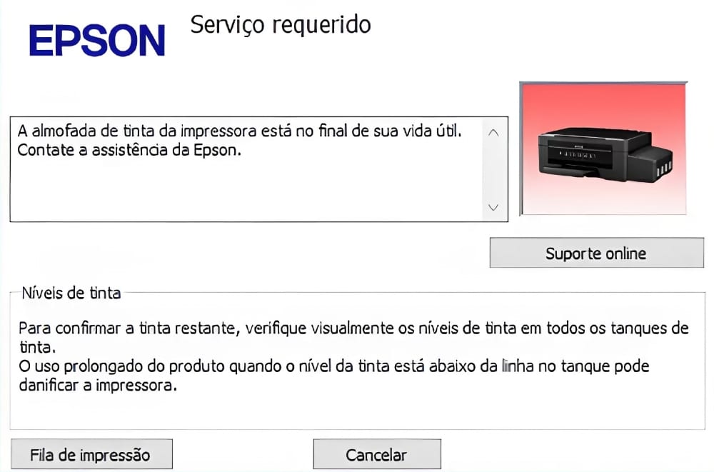 Serviço requerido. A almofada de tinta da impressora está no final de sua vida útil. Contate a assistência da Epson