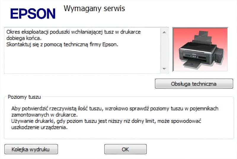 Wymagany serwis. Okres eksploatacji poduszek wchłaniających tusz dobiega końca. Skontaktuj się z pomocą techniczną firmy Epson.