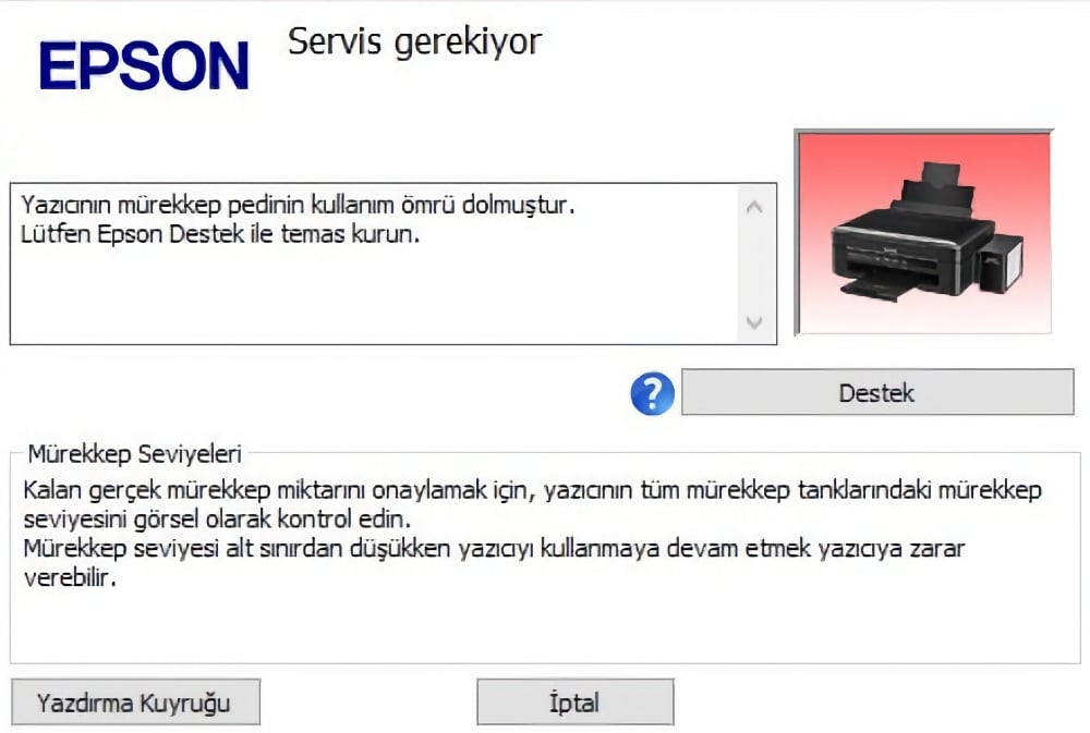 Servis gerekiyor. Yazıcının mürekkep pedinin kullanım ömrü dolmuştur. Lütfen Epson Destek ile temas kurun.