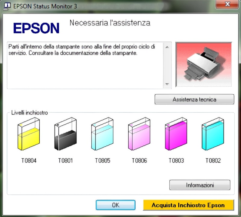 Un tampone inchiostrato della stampante è al termine della sua durata. Contattare l’Assistenza Epson