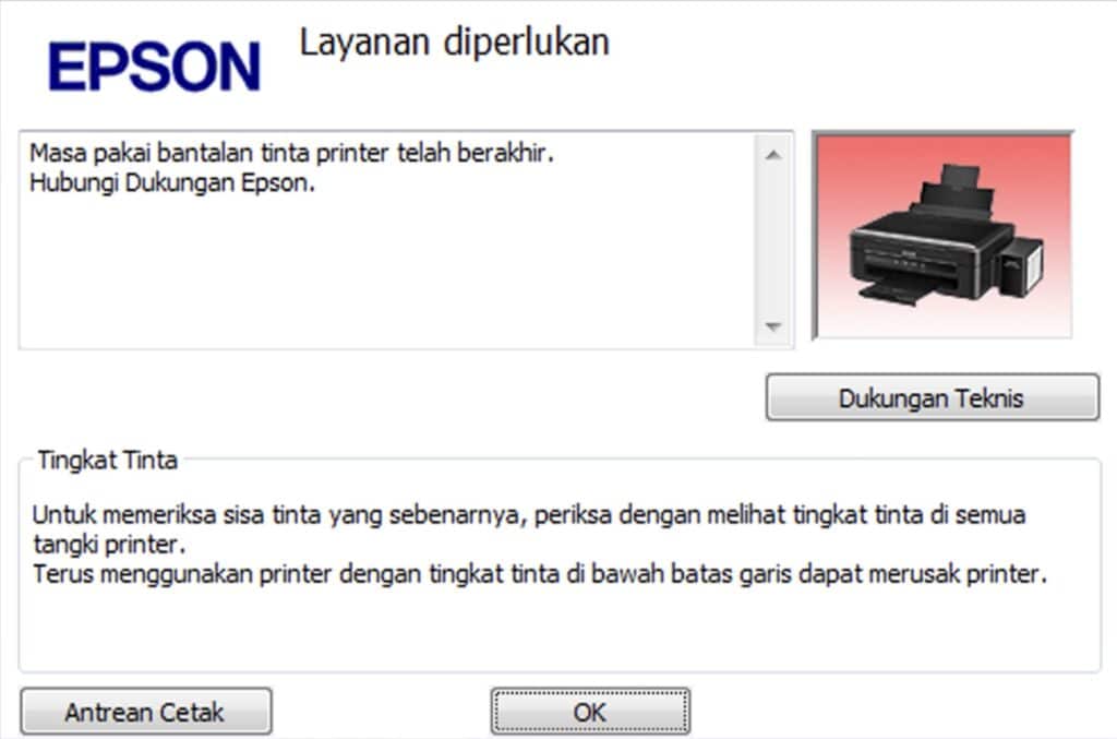 Masa Pakai Bantalan Tinta Printer Telah Berakhir. Hubungi Dukungan Epson.