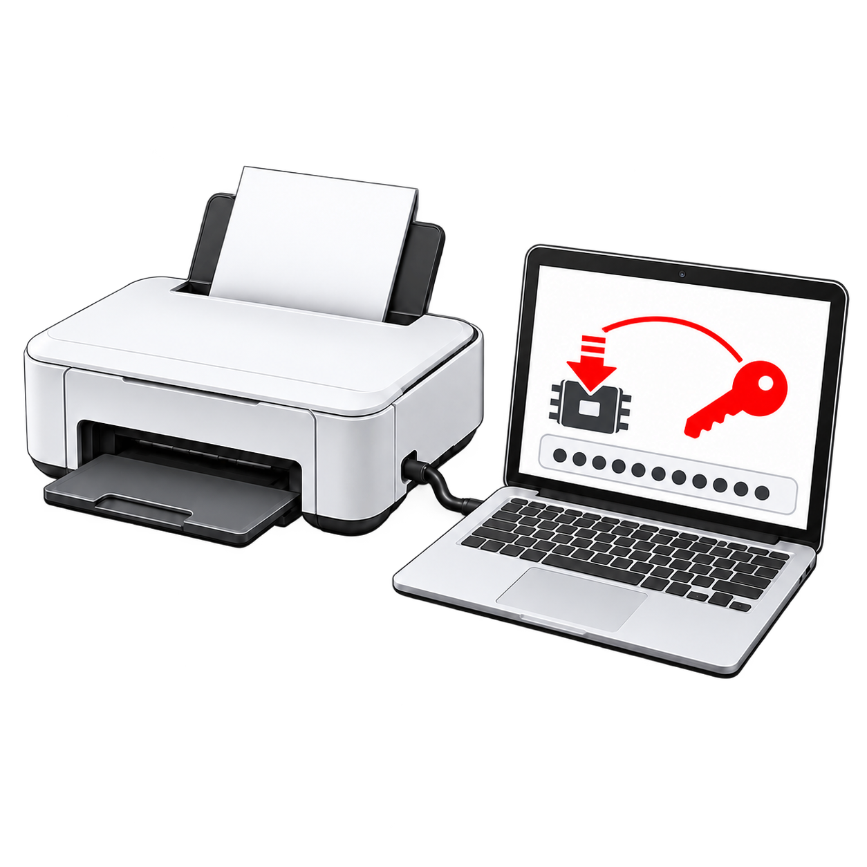 Epson firmware key illustrated on a laptop connected to a printer