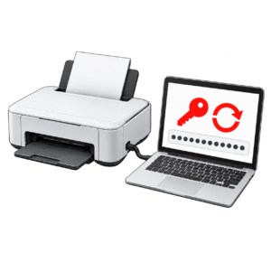 Inkjet printer connected to a laptop showing a masked reset key