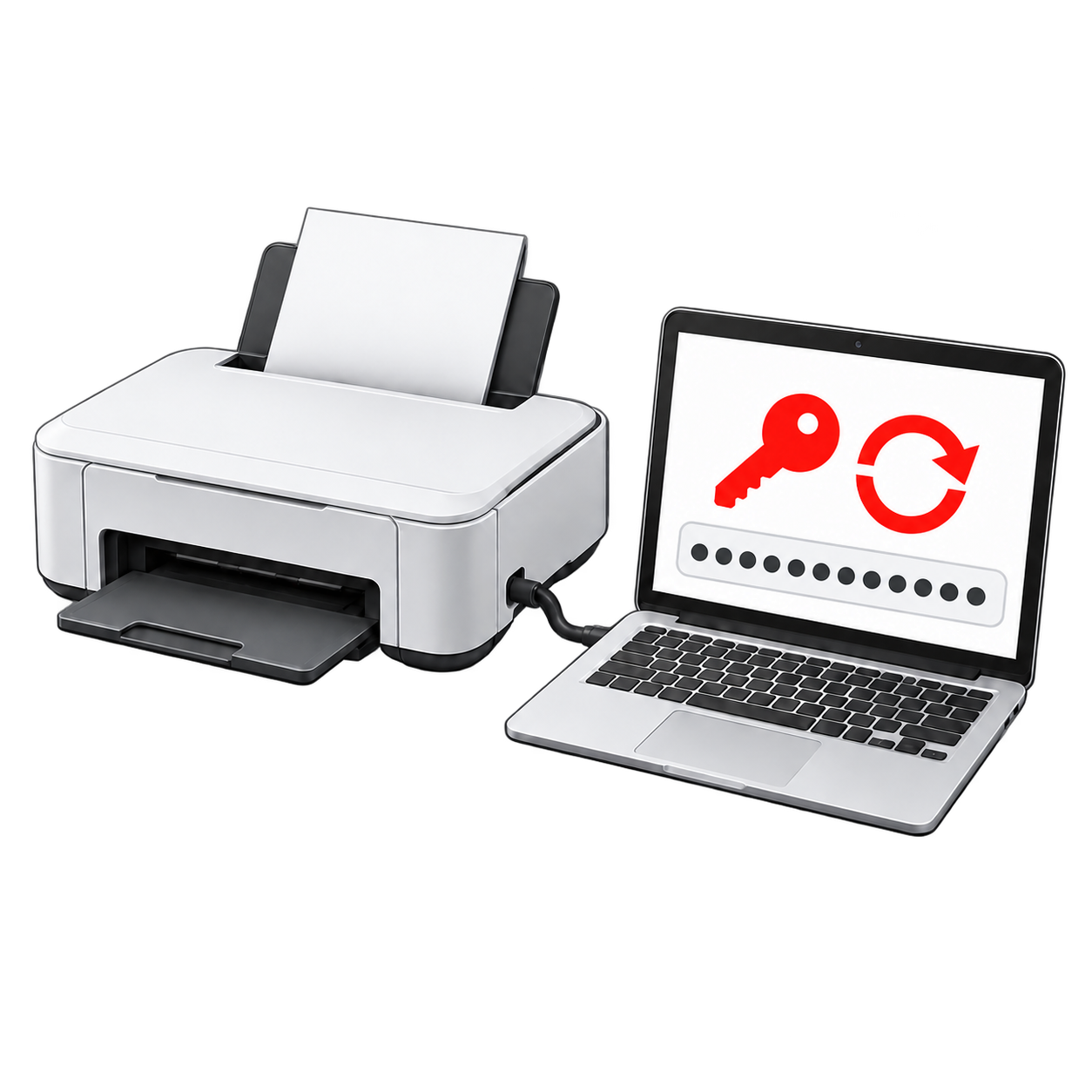 Inkjet printer connected to a laptop showing a masked reset key